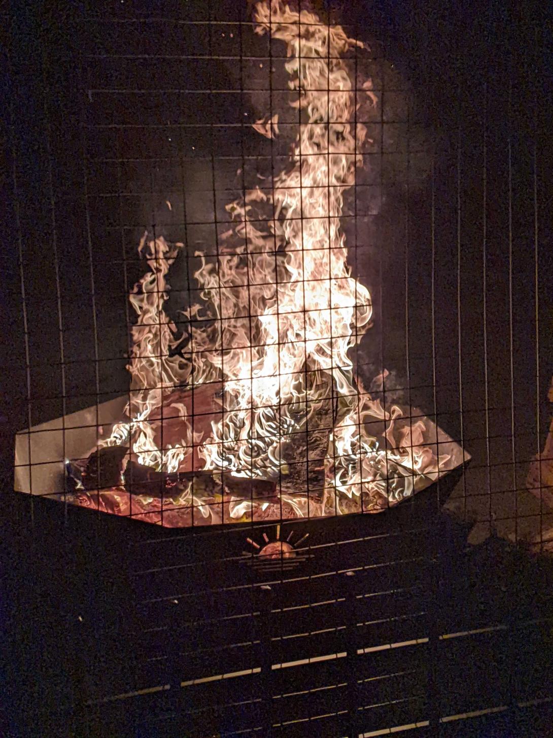 Fire in a fire bowl, when I burned my mother's ridiculous badframe in glorious conflagration of closure.